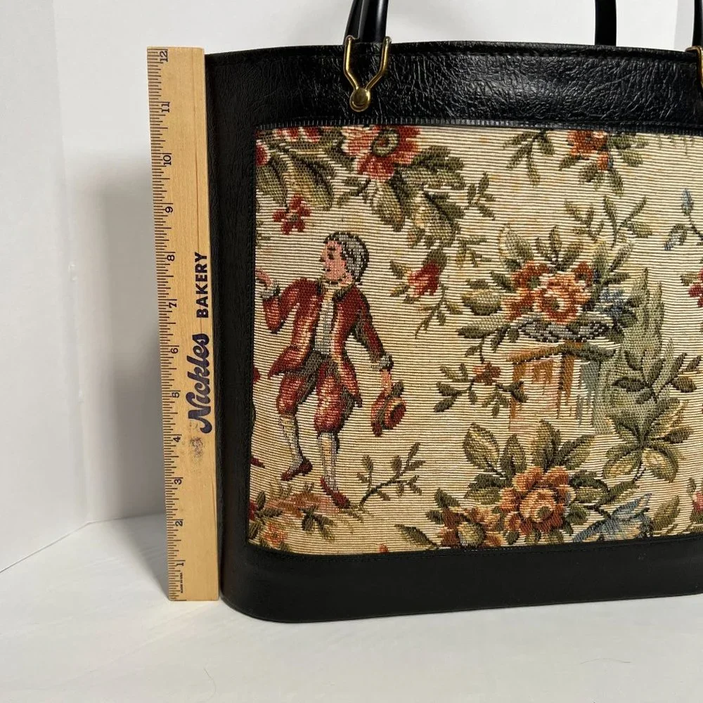 Vintage Handbag‎ Black with Tapestry Front craft bag hard side purse granny bag